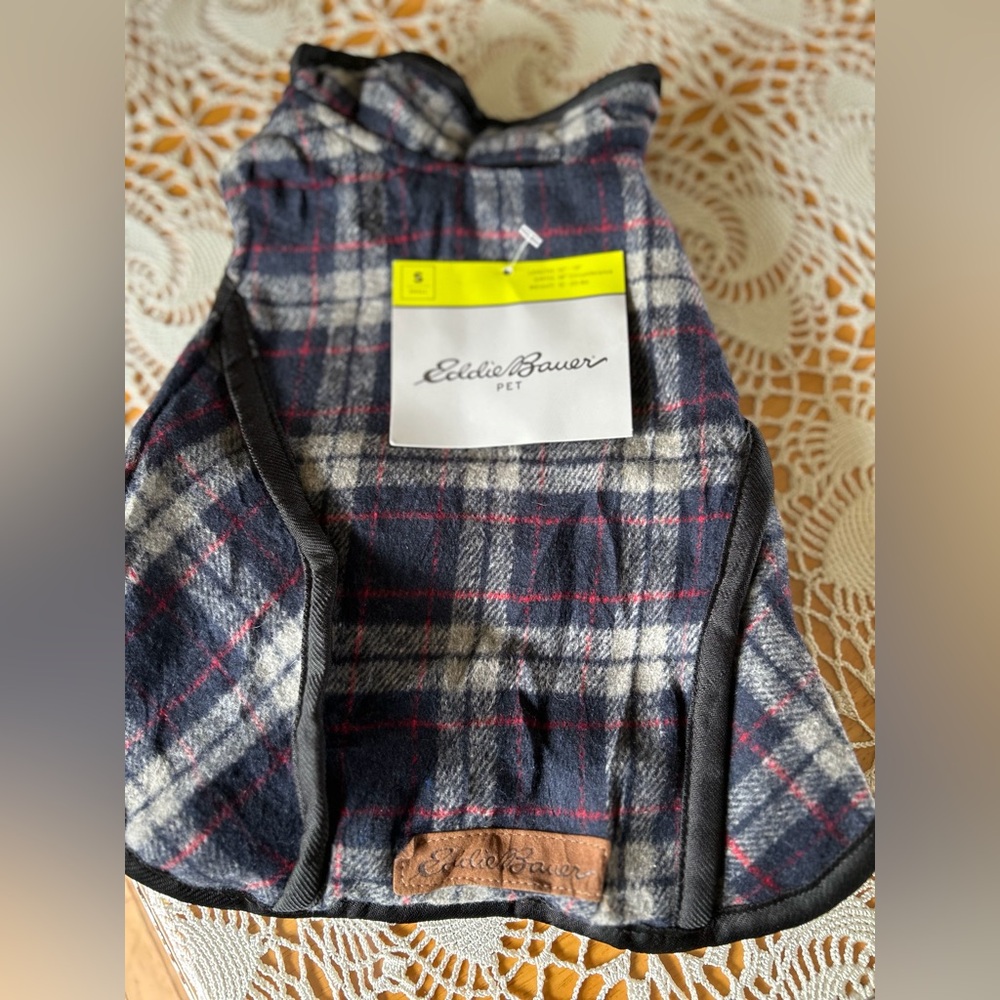 Eddie Bauer Plaid Fleece Dog  Jacket - Navy, White, Red